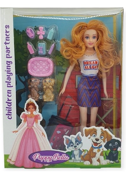 Puppy Bella 30 cm Bebek ve Köpek Bakım Seti - Mor Elbise (Lisinya)