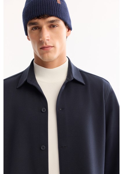 Erkek Lacivert Klasik Yaka Rayon Karışımlı Comfort Fit Gömlek Ceket A52Y2043