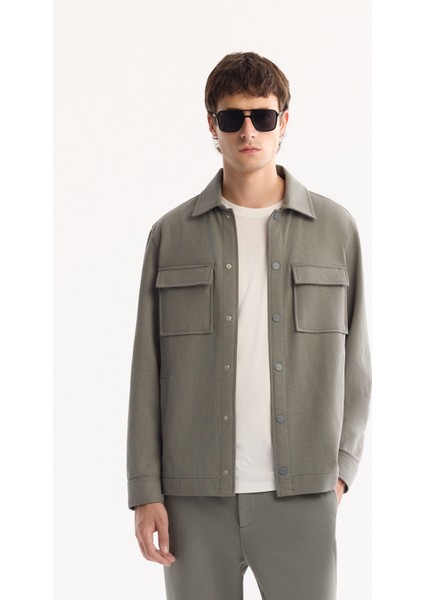 Erkek Gri Yeşil Klasik Yaka Pamuklu Comfort Fit Gömlek Ceket A52Y2092