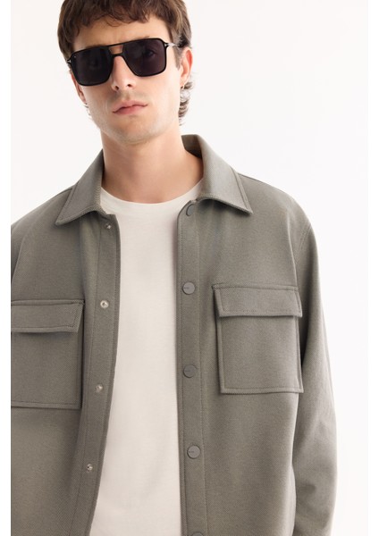 Erkek Gri Yeşil Klasik Yaka Pamuklu Comfort Fit Gömlek Ceket A52Y2092