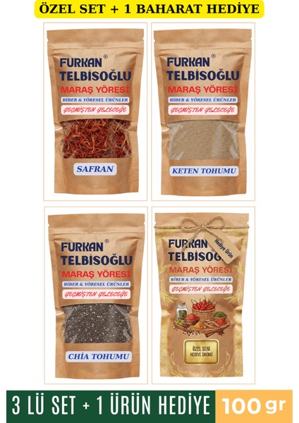 Organik Safran 100GR + Keten Tohumu Toz 100GR + Chia Tohumu 100GR + 1 Baharat Hediye