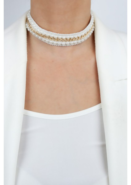 Inci ve Zncir Detay Choker Kolye