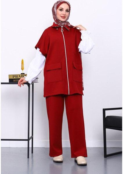 Bordo Fermuarlı Yelek Pantolonlu Scuba Takım