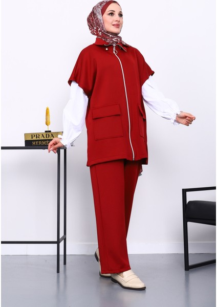 Bordo Fermuarlı Yelek Pantolonlu Scuba Takım fiyatları