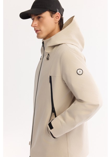 Erkek Bej Kapüşonlu Fonksiyonel Çift Kullanım Suİtici Rüzgar Geçirmez Mevsimlik Mont A52Y6096