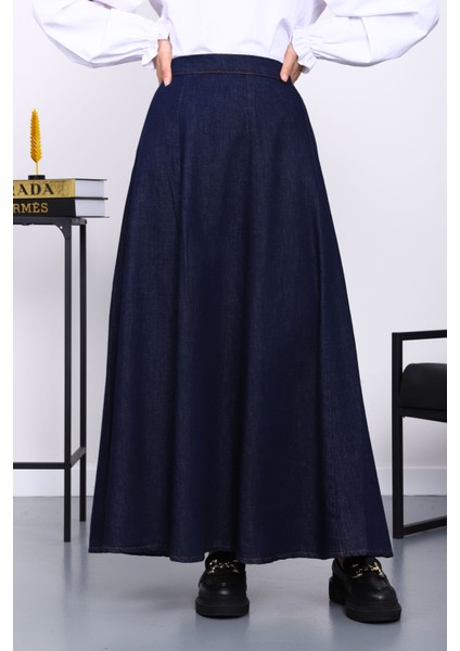 Lacivert Bel Lastikli Kloş Kot Etek