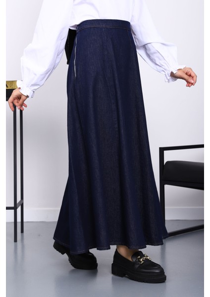 Lacivert Bel Lastikli Kloş Kot Etek fiyatları