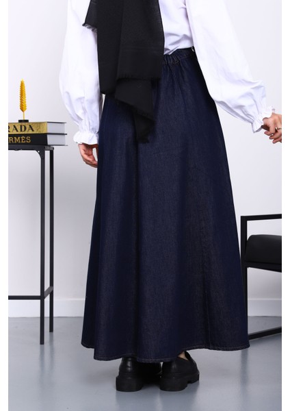 Lacivert Bel Lastikli Kloş Kot Etek modelleri