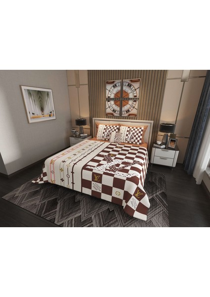 Çift Kişilik Pike Takımı Pamuklu Kumaş Jakar Dokuma Kapitone Dikişli 3D Dijital Baskılı 7 Parça-Lüks Duvet Cover Set Model.
