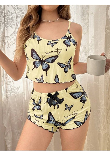 Kadın Sarı Kelebek Desenli Askılı Şortlu Ribana Pijama Takımı,rahat ve Şık Ev Giyim,kadın Pijama