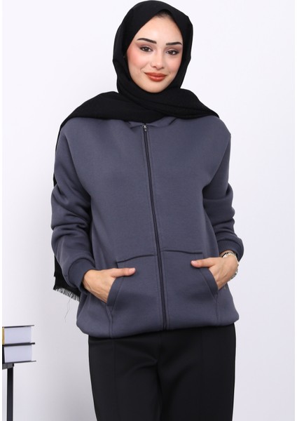 Füme Kanguru Cepli Şardonlu Üç İplik Hırka