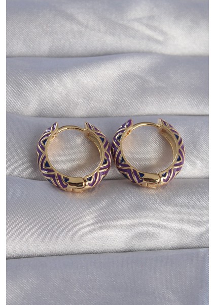 Pirinç Gold Renk Mor Etnik Desenli Halka Küpe - Lisinya