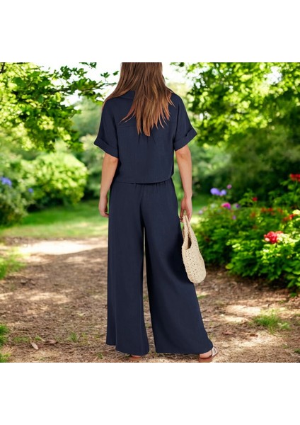 Yazlık V Yaka Rahat Keten Takım