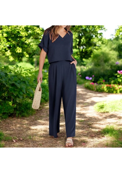 Yazlık V Yaka Rahat Keten Takım
