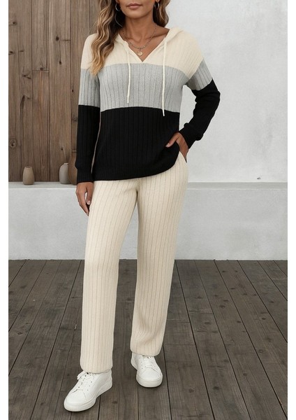 Kadın Uzun Kollu Kapşonlu Bağcıklı Blok Renkli Şardonlu Kaşkorse Bluz ve Pantolon Ikili Takım