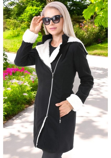 Kapüşonlu Kaşmir Kadın Kaşe Kaban