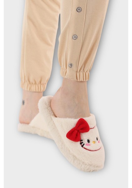 Hellokitty Figürlü Sıcak Tutan Kışlık Kadın Ev Terliği Beyaz - Kırmızı