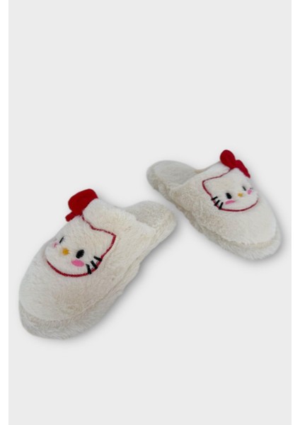Hellokitty Figürlü Sıcak Tutan Kışlık Kadın Ev Terliği Beyaz - Kırmızı