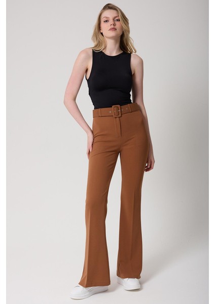 Kadın Kemerli Yüksek Bel Ispanyol Paça Pantolon fiyatları