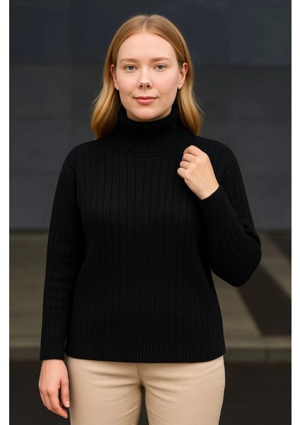 Balıkcı Yaka Bağazlı Triko Kazak Pamuklu Kalın Fitilli Dokuma - Siyah fiyatları