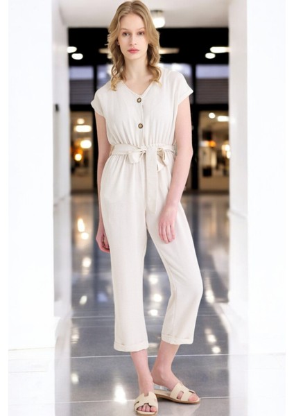 Yazlık V Yaka Kolsuz Keten Takım