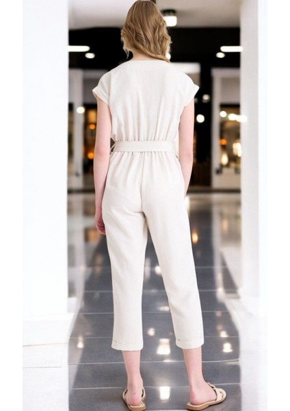 Yazlık V Yaka Kolsuz Keten Takım