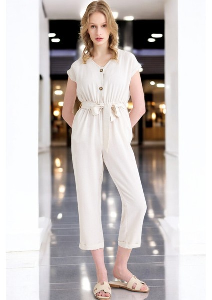 Yazlık V Yaka Kolsuz Keten Takım