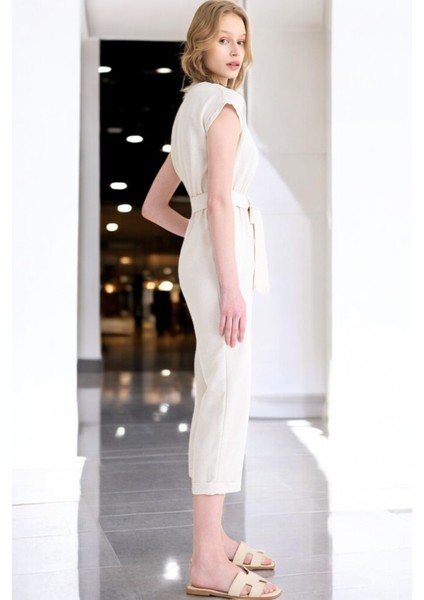 Yazlık V Yaka Kolsuz Keten Takım