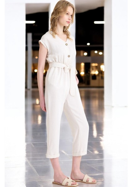 Yazlık V Yaka Kolsuz Keten Takım