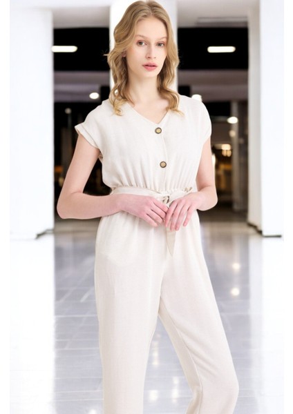 Yazlık V Yaka Kolsuz Keten Takım