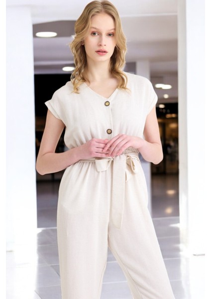 Yazlık V Yaka Kolsuz Keten Takım