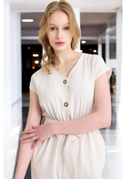 Yazlık V Yaka Kolsuz Keten Takım