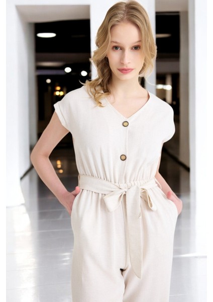 Yazlık V Yaka Kolsuz Keten Takım