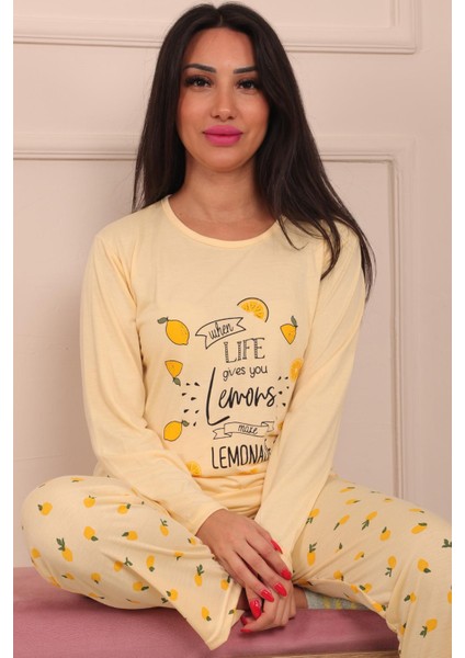 Kadın Lemon Sloganlı ve Altı Limon Desenli Bisiklet Yaka Uzun Kol Altı Uzun Viskon Pijama Takımı