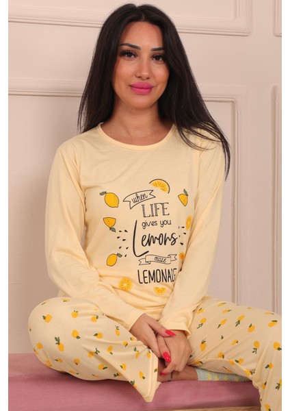 Kadın Lemon Sloganlı ve Altı Limon Desenli Bisiklet Yaka Uzun Kol Altı Uzun Viskon Pijama Takımı fiyatları