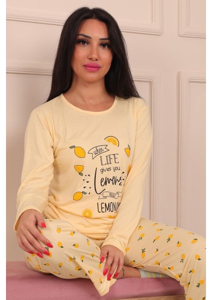 Kadın Lemon Sloganlı ve Altı Limon Desenli Bisiklet Yaka Uzun Kol Altı Uzun Viskon Pijama Takımı modelleri