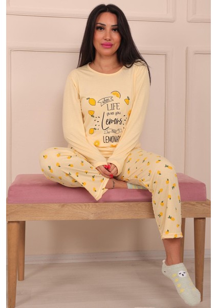 Kadın Lemon Sloganlı ve Altı Limon Desenli Bisiklet Yaka Uzun Kol Altı Uzun Viskon Pijama Takımı fırsatları