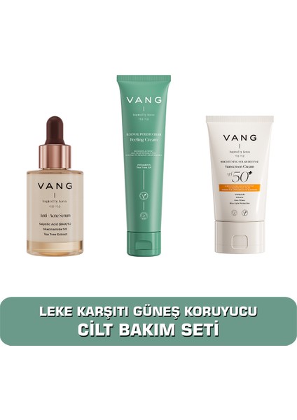 Koyu Leke ve Sivilce Karşıtı + Siyah Nokta Karşıtı Arındırıcı Yüz Peelingi + Yüksek Korumalı Pembe Renkli Güneş Kremi Cilt Bakım Seti