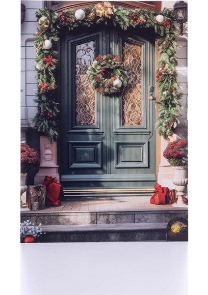 Kartpostal, Yılbaşı, Yeşil Garlandlı Süslü Kapı, 12X17 cm 6 Adet