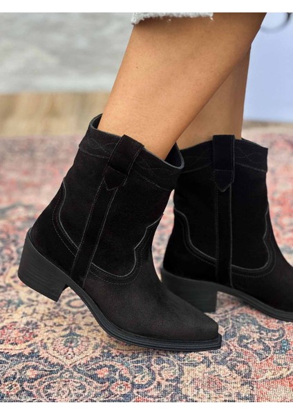 Isolde Hakiki Deri Sivri Burun Western Siyah Kadın Kovboy Bot