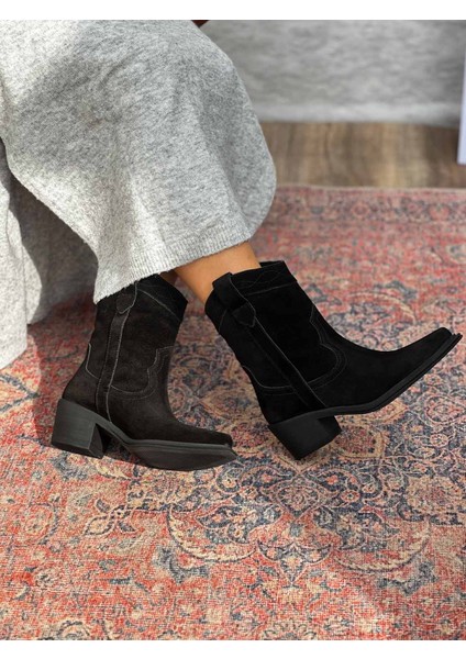 Isolde Hakiki Deri Sivri Burun Western Siyah Kadın Kovboy Bot