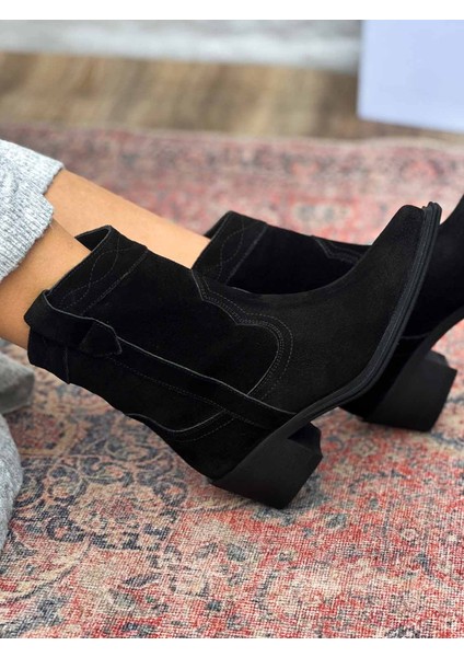 Isolde Hakiki Deri Sivri Burun Western Siyah Kadın Kovboy Bot