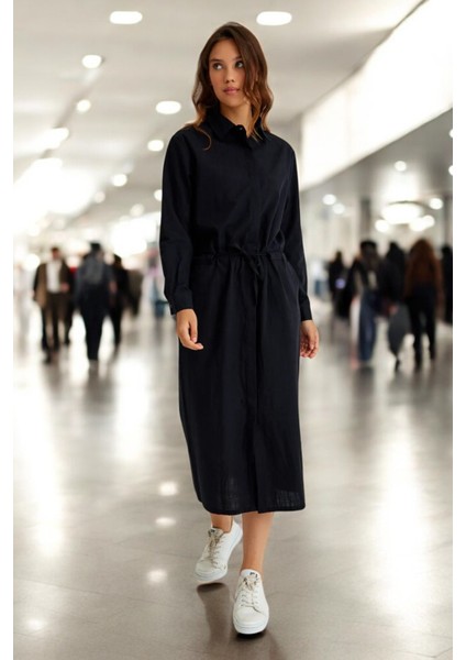 Yazlık Şık Beli Bağcık Detaylı Keten Elbise fırsatları