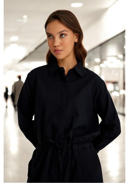 Yazlık Şık Beli Bağcık Detaylı Keten Elbise