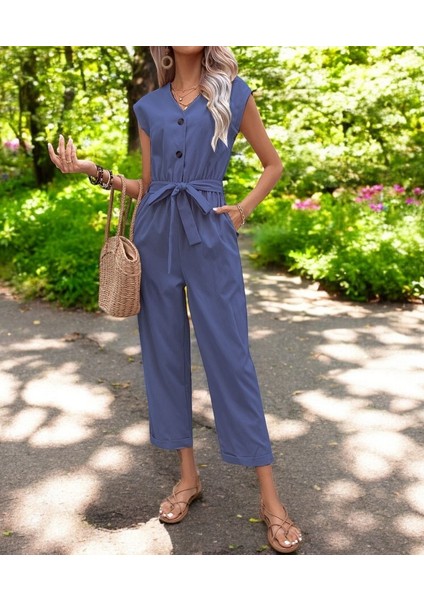 Yazlık V Yaka Düğmeli Keten Lacivert Tulum modelleri