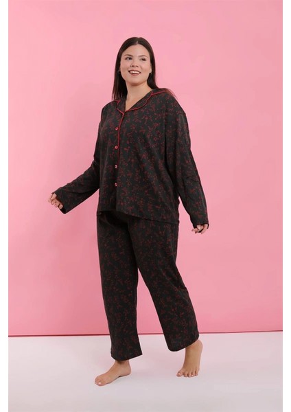 - Kadın Büyük Beden Siyah Kırmızı Çiçekli Düğmeli Pijama Takımı indirimleri