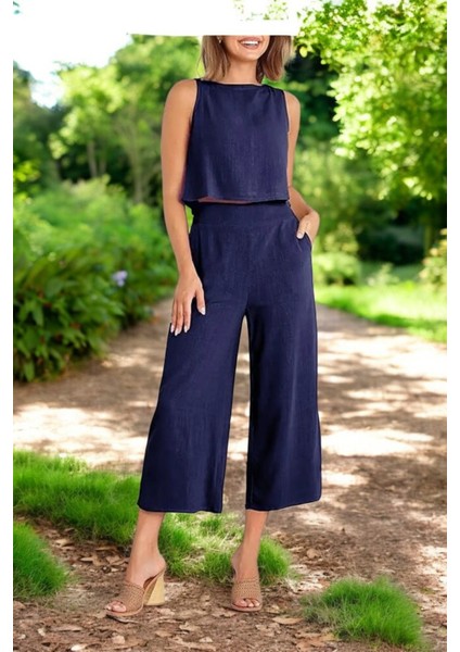 Yazlık Sırt Detaylı Şık Keten Takım