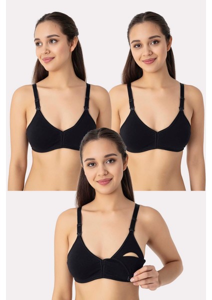 3 Adet Siyah Kadın Pamuklu Emzirme Sütyeni Balensiz Hamile Lohusa Esnek Yumuşak Kumaş