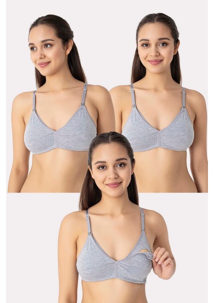 3 Adet Gri Kadın Pamuklu Emzirme Sütyeni Balensiz Hamile Lohusa Esnek Yumuşak Kumaş