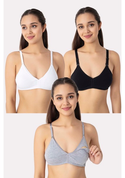 3 Adet Siyah Beyaz Gri Kadın Pamuklu Emzirme Sütyeni Balensiz Esnek Yumuşak Kumaş